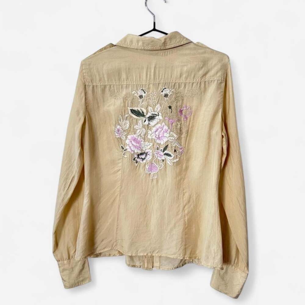 Vintage 100% silk embroidered button up blouse Express Design Floral pink